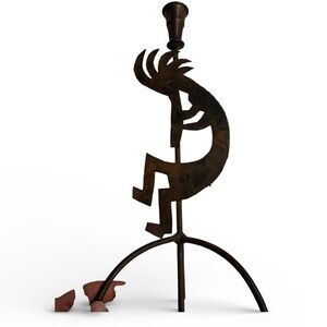Rustic Metal Kokopelli Candlestick 3 Prong Stable Base W/ Whimsical Kokopelli